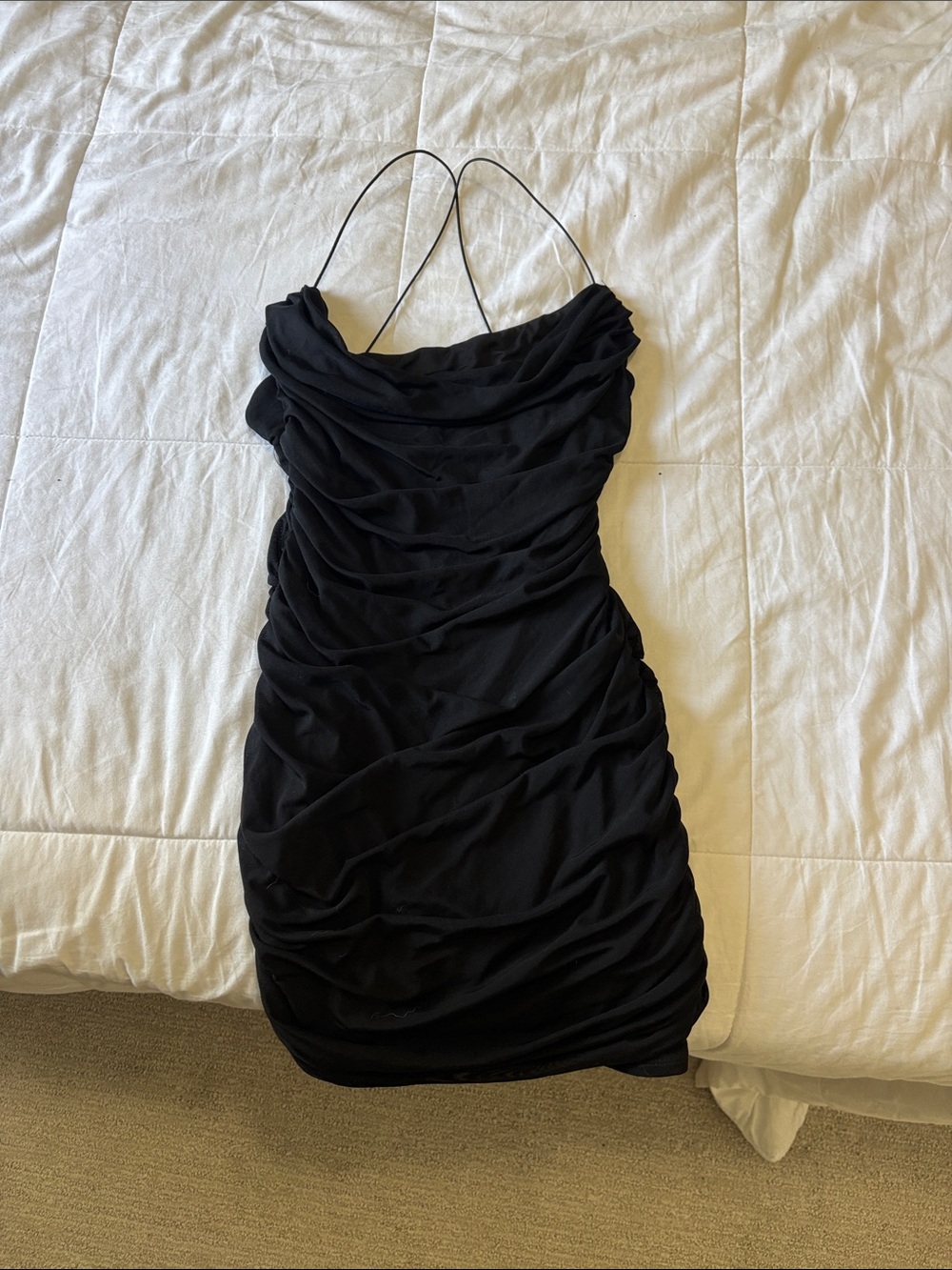 Black Ruched Spaghetti-Strap Women's Dress
